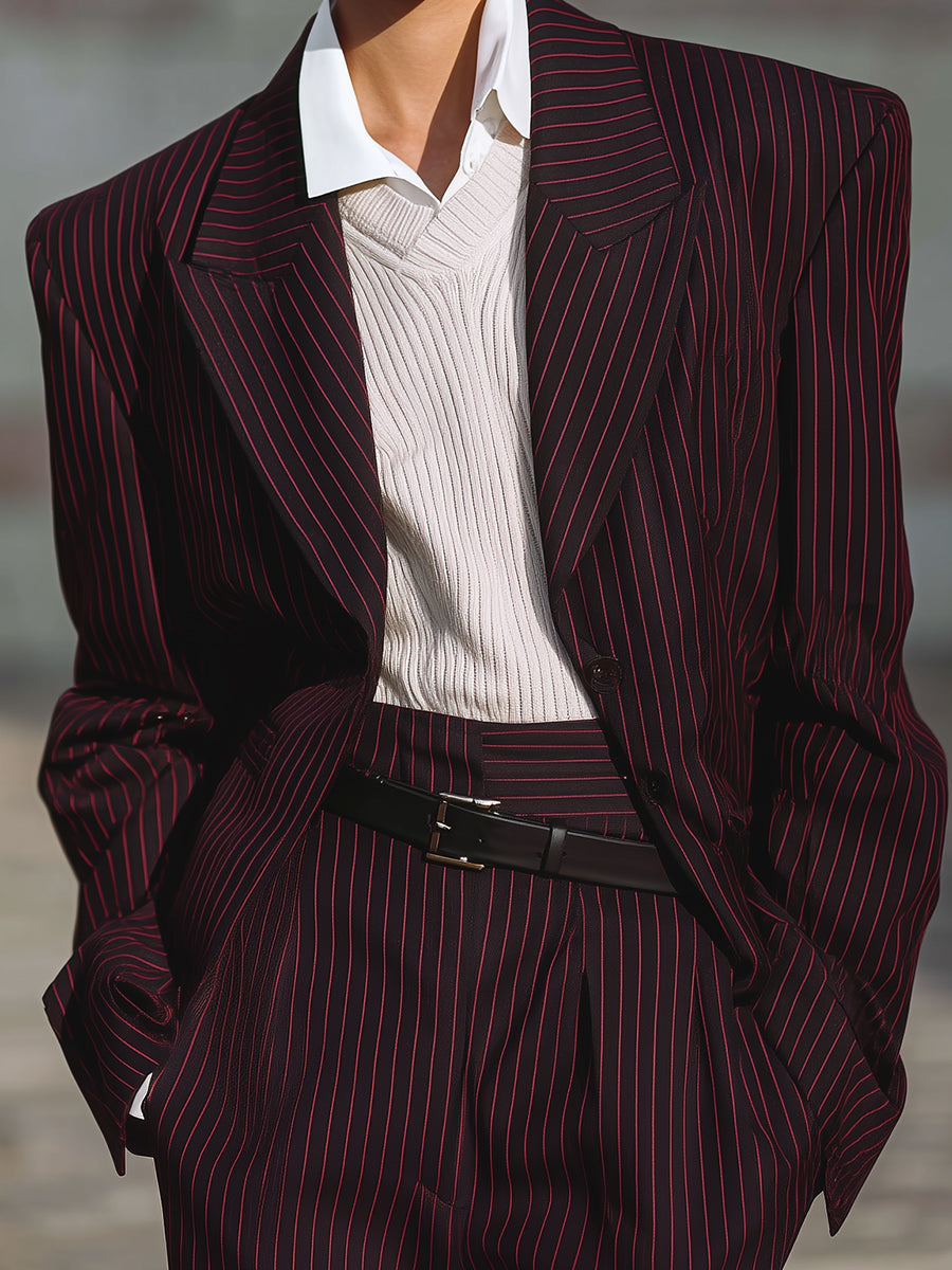 Stylish Striped Oversized Lapel Shoulder Pad Blazer
