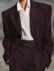 Stylish Striped Oversized Lapel Shoulder Pad Blazer