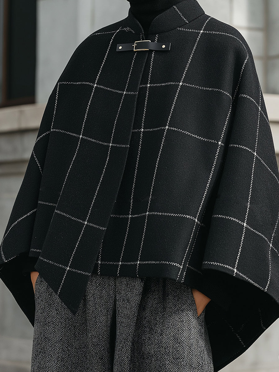 Minimalist Checked Metal Buckle Wool-Blend Cape
