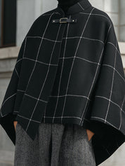 Minimalist Checked Metal Buckle Wool-Blend Cape