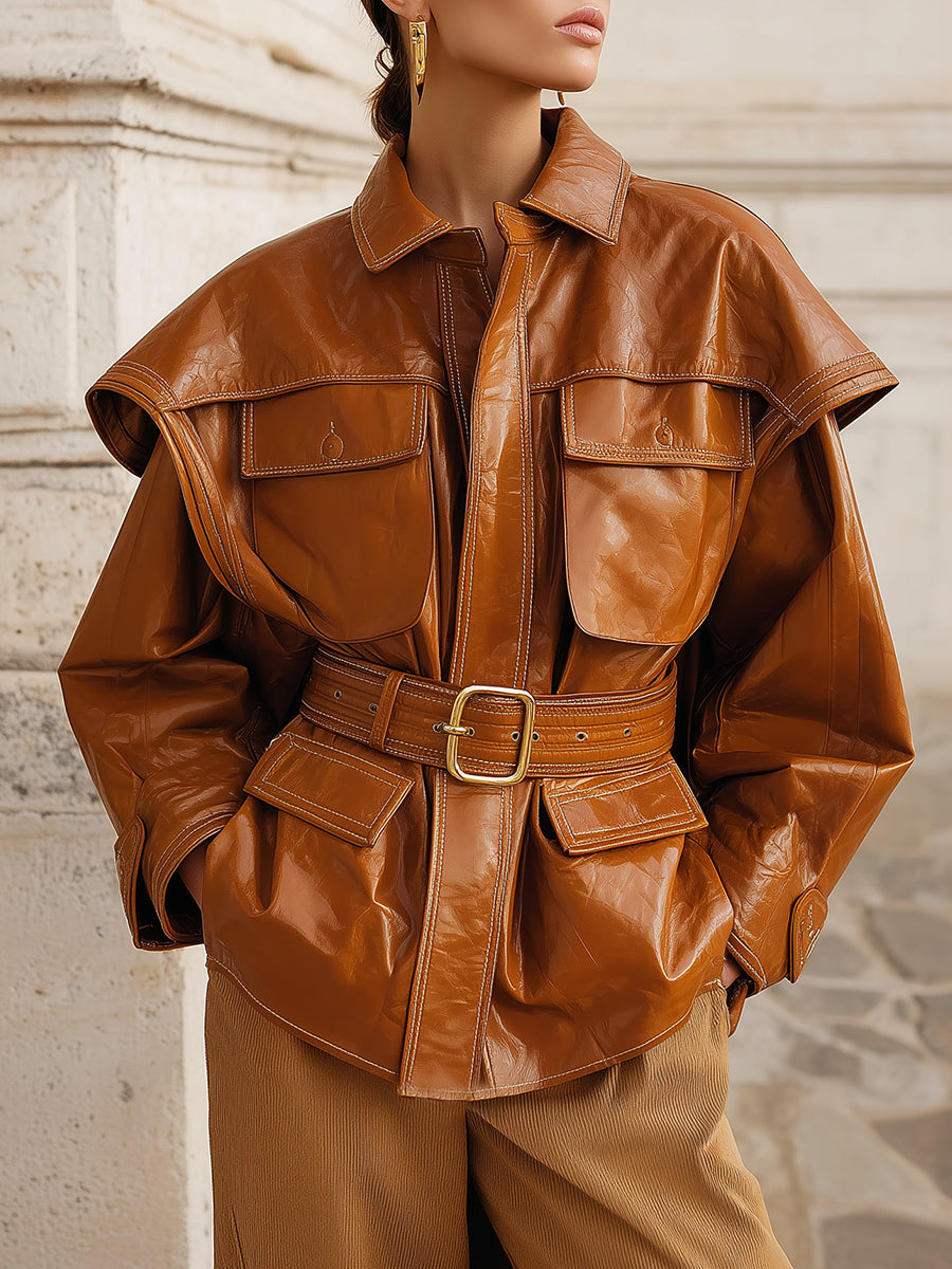 Deconstructed Cap-sleeve Cargo Pocket Eco-leather Jacket With Belt