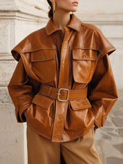 Deconstructed Cap-sleeve Cargo Pocket Eco-leather Jacket With Belt