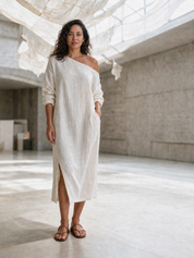 Loose-fitting One Shoulder Split Hem Cotton Linen Midi Dress