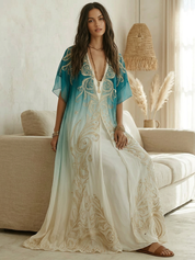Elegant Coastal Breeze Aqua Ombre Kaftan Maxi Dress