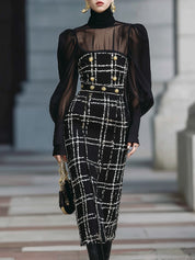 Classic Plaid Tweed Transparent Chiffon Patchwork Lantern Sleeve Midi Dress