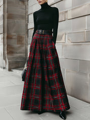 Classic Plaid Double-layer Metal Buckle Belt Decorated With Pleated A-line Long Skirt