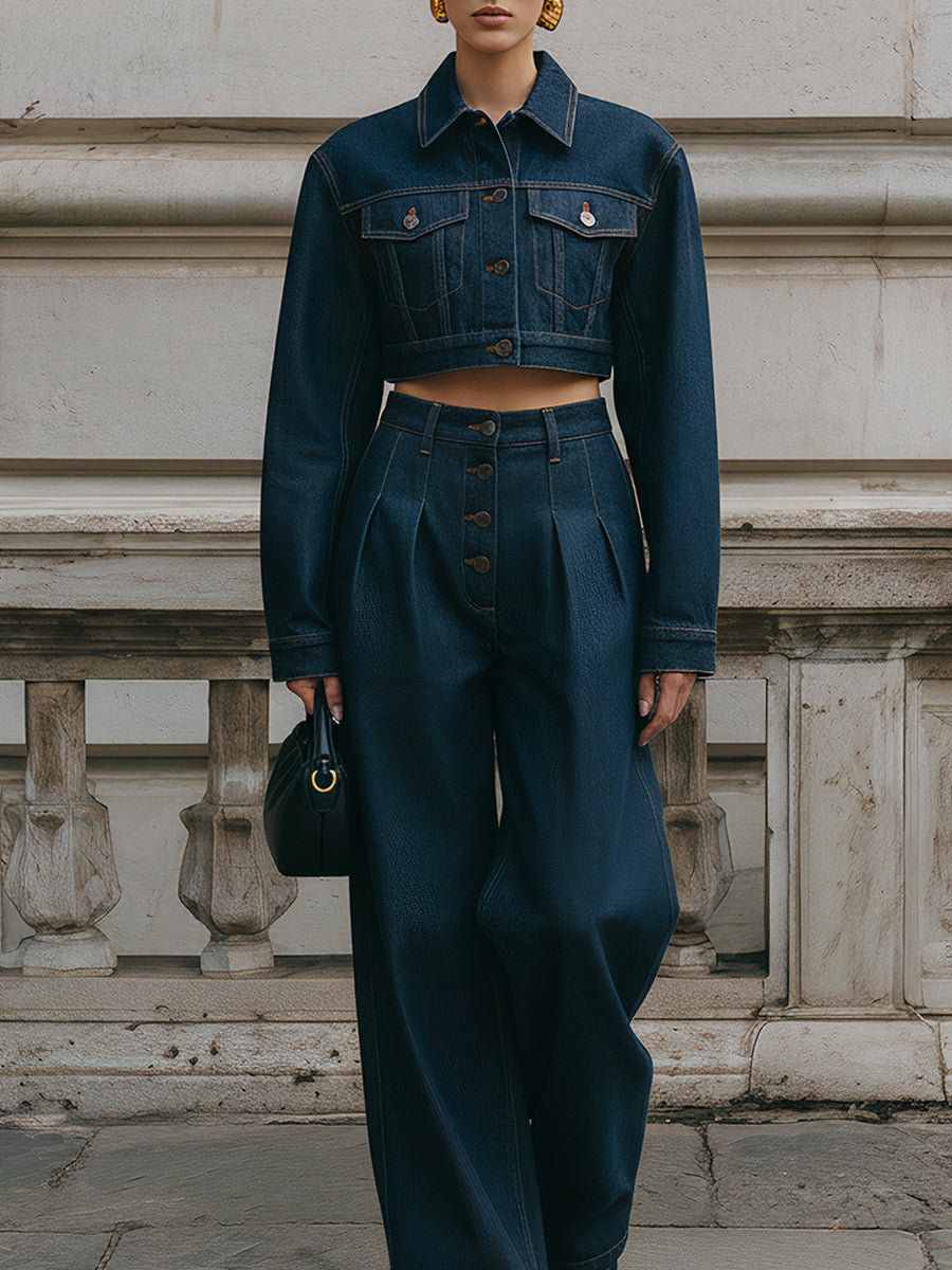 Minimalist Washed Cropped Boxy Jacket & Waist Pinched Wide-leg Pants Set