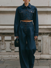 Minimalist Washed Cropped Boxy Jacket & Waist Pinched Wide-leg Pants Set