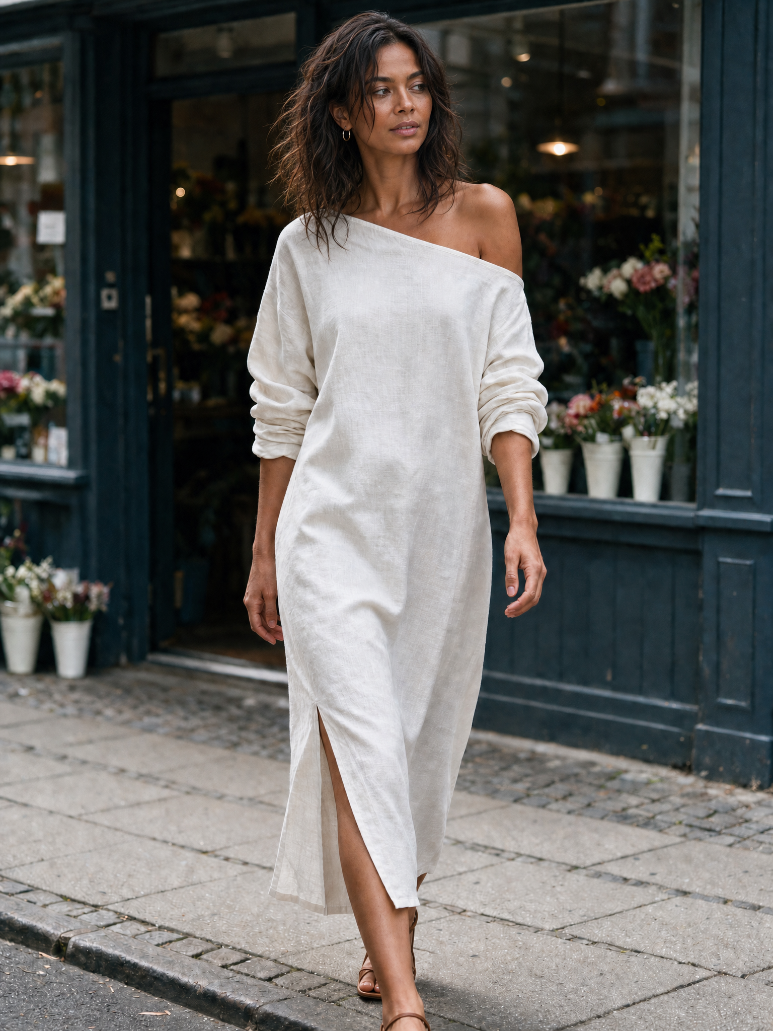 Loose-fitting One Shoulder Split Hem Cotton Linen Midi Dress