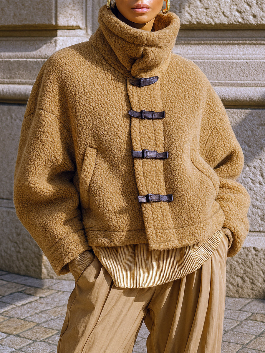 Old Money Polar Fleece High Collar Drop Shoulder Short Bread Jacket