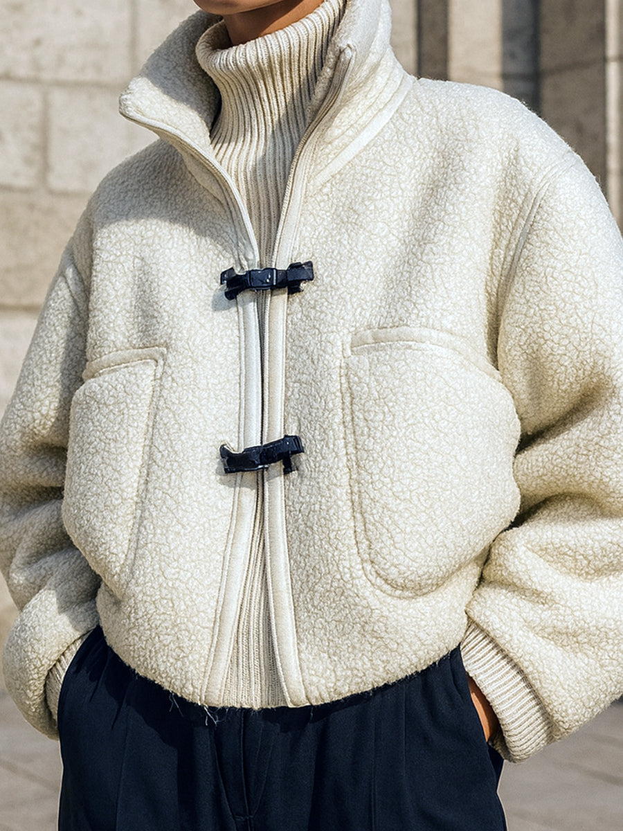 Minimalist Sherpa Patch Pocket Leather Buckle Bread Jacket