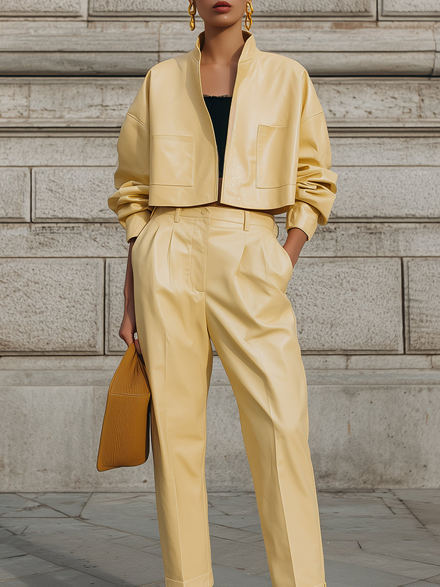 Minimalist Stand Collar Cropped Boxy Jacket & Environmentally Friendly Leather Carrot Pants Set