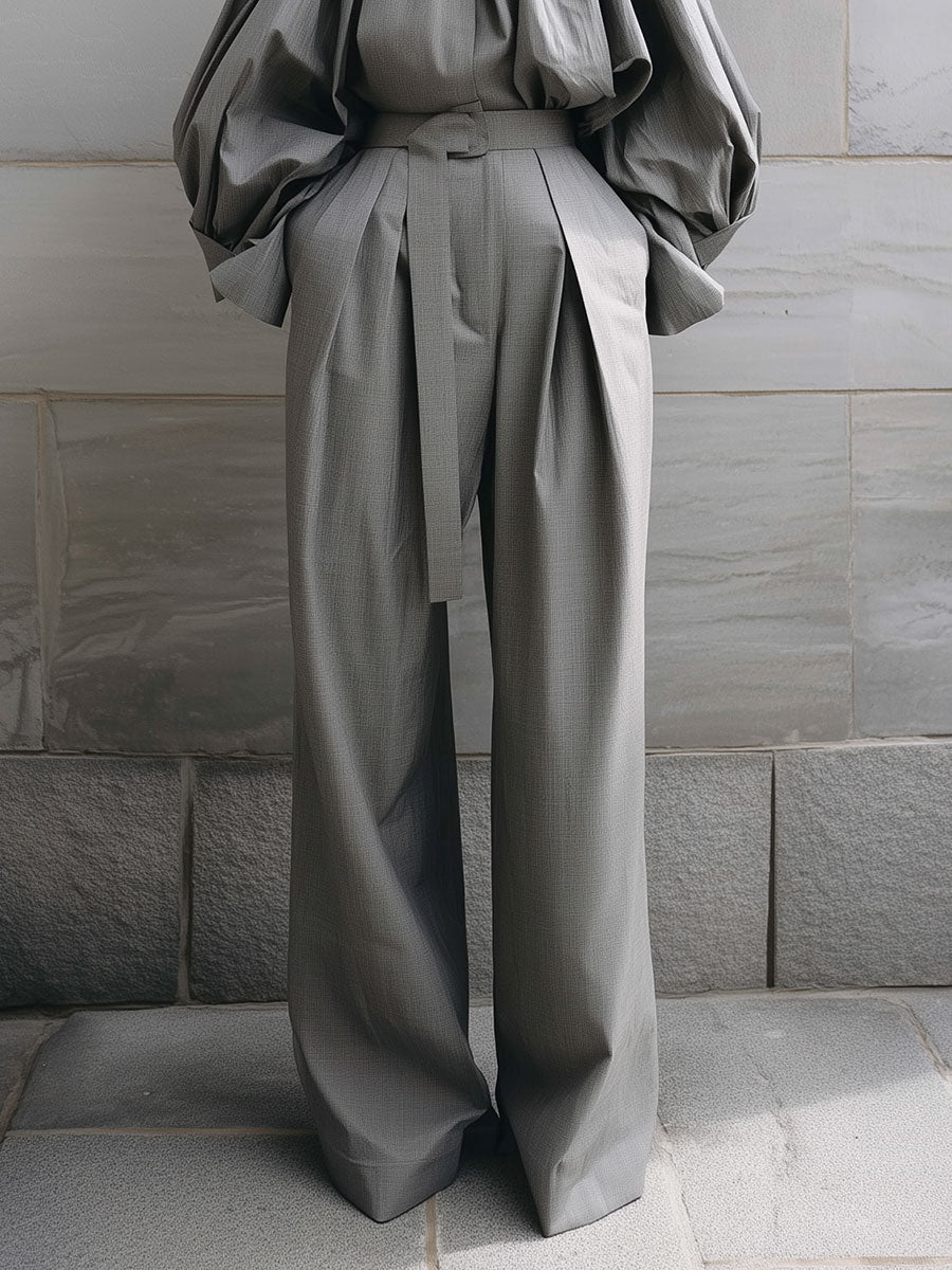Pleated Stand Collar Blouse & Pinch Pleated Wide Leg Pants Set With Belt