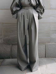 Pleated Stand Collar Blouse & Pinch Pleated Wide Leg Pants Set With Belt