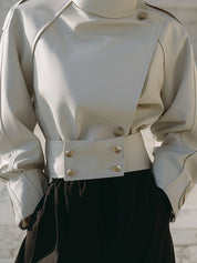 Deconstructed Stand-up Collar, Slanted Placket, Eco-friendly Leather Cropped Boxy Jacket