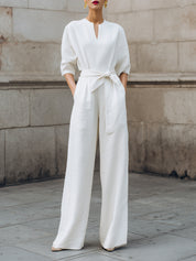 Quiet-Luxury Minimalist Belted Wide-Leg Jumpsuit