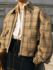 Old Money Classic Fine Plaid Drop Sleeve Wool Cropped Boxy Jacket