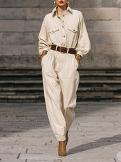Minimalist Line Decorated Lantern Sleeve Blouse & Loose Carrot Pants Set