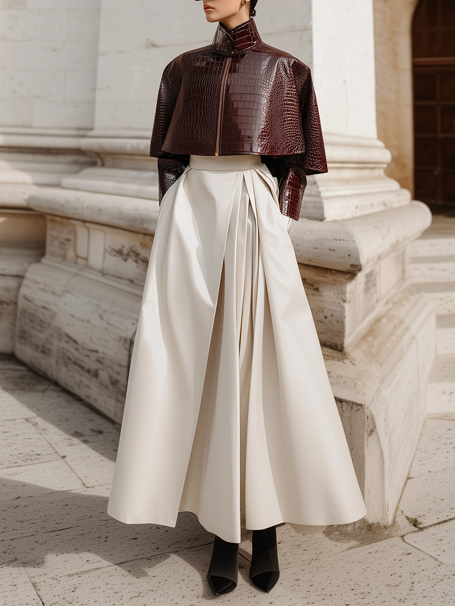 Minimalist Cape Collar Glossy Crocodile Eco-leather Jacket