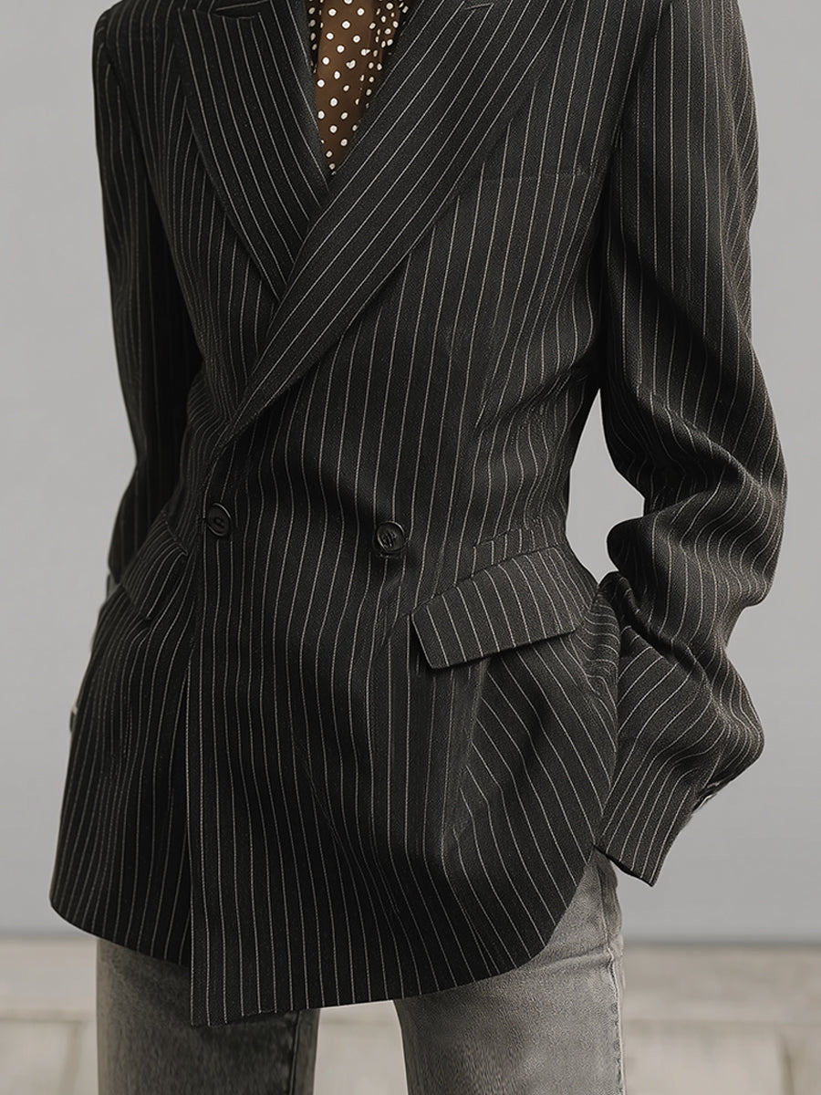 Classic Old Money Striped Lapel Straight Blazer
