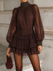 Romantic Minimalism Mocha Whisper Sheer Chiffon Ruched Mini Dress