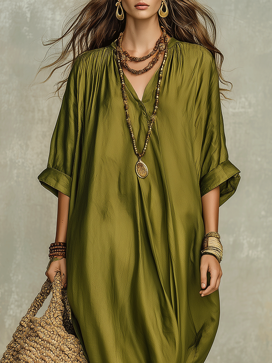 Olive Green Relaxed Bohemian Maxi Dress with V-Neck | GLOERIA Olive Green Relaxed Bohemian Maxi Dress with V-Neck | GLOERIA