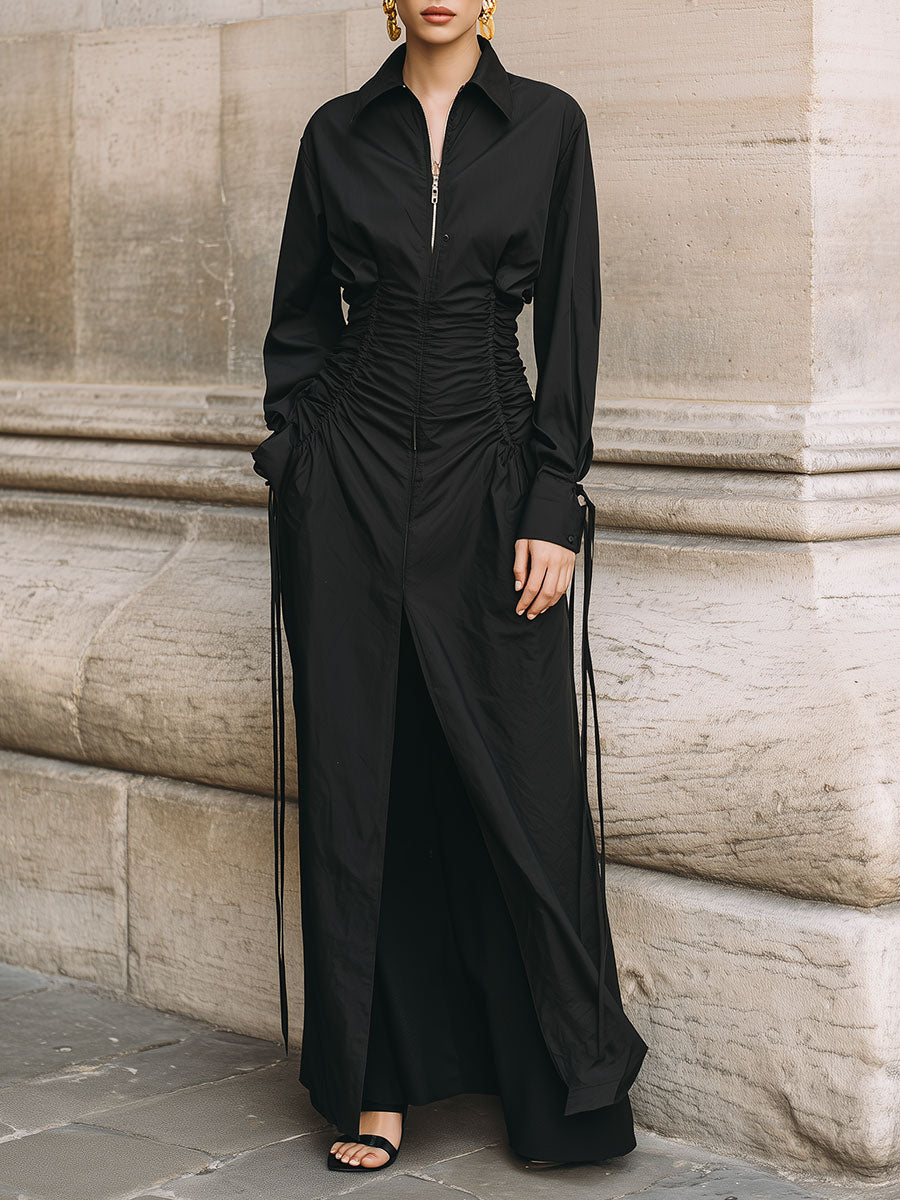 Deconstructed Waist Shirring Maxi Dress With Front Slit