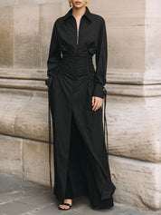 Deconstructed Waist Shirring Maxi Dress With Front Slit