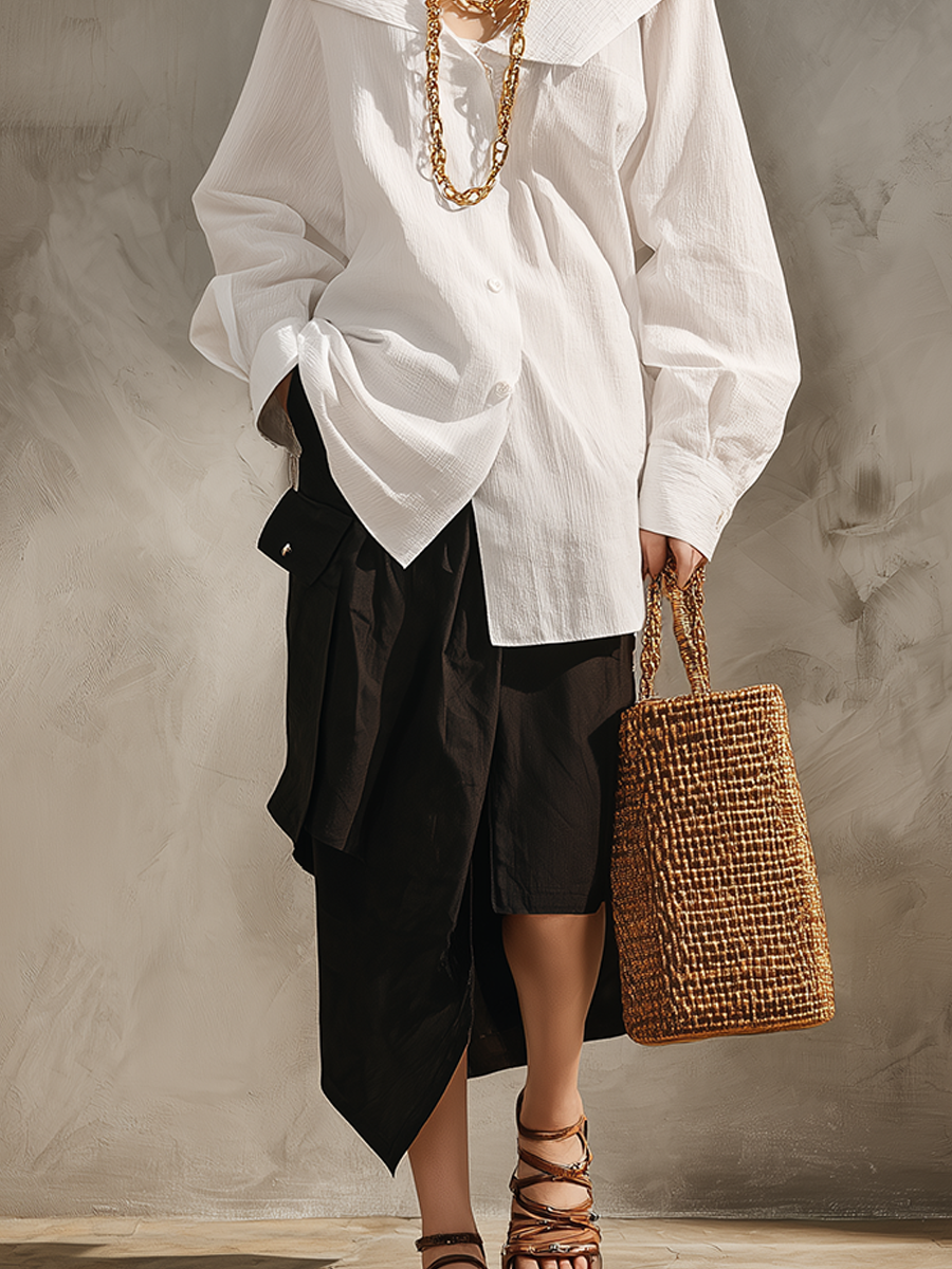 Effortless Minimalist White Shirt Black Midi Skirt
