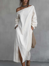 Loose-fitting One Shoulder Split Hem Cotton Linen Midi Dress