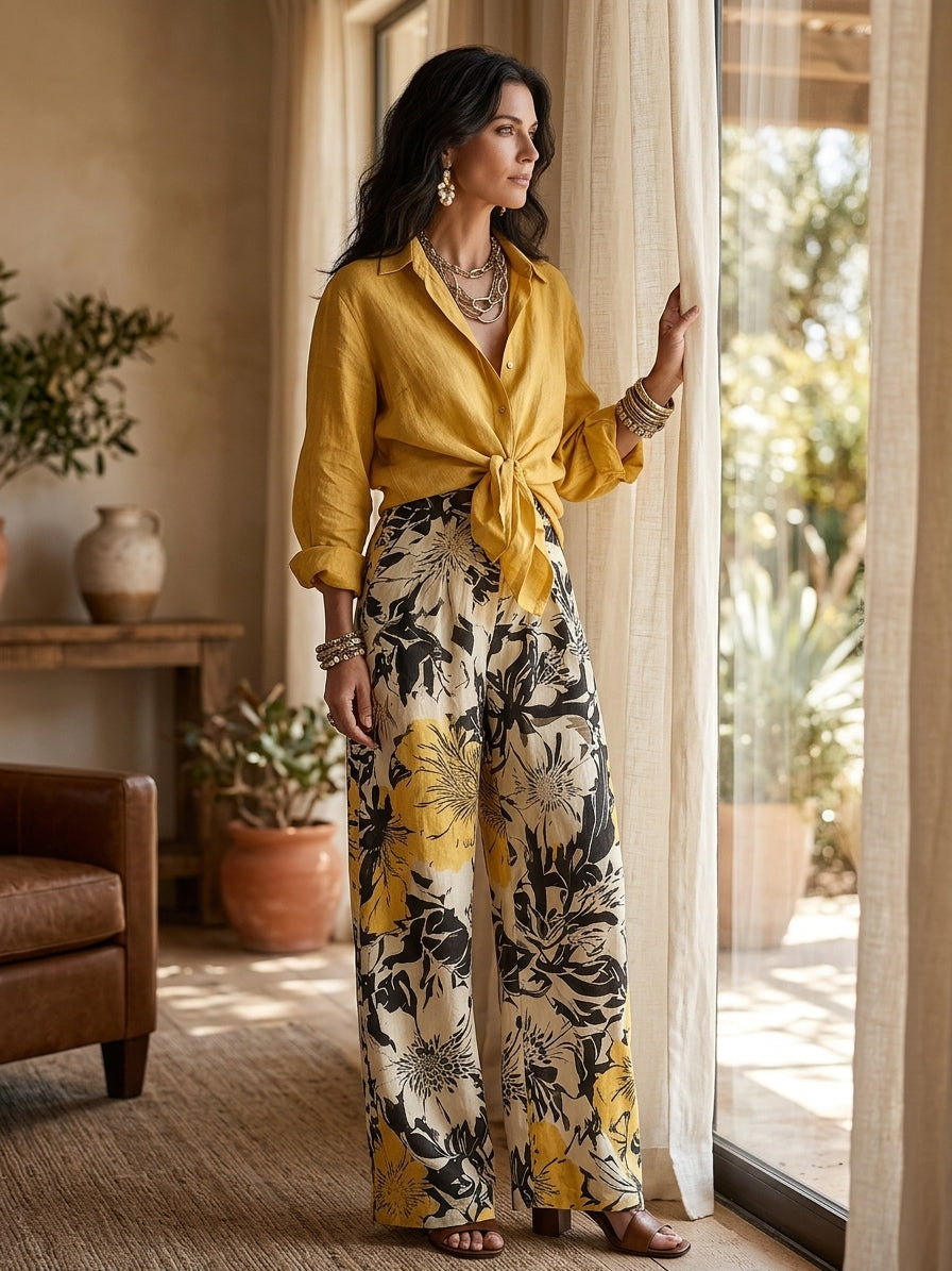 Floral Print Wide-Leg Pants With Tie-Front Linen Shirt Set