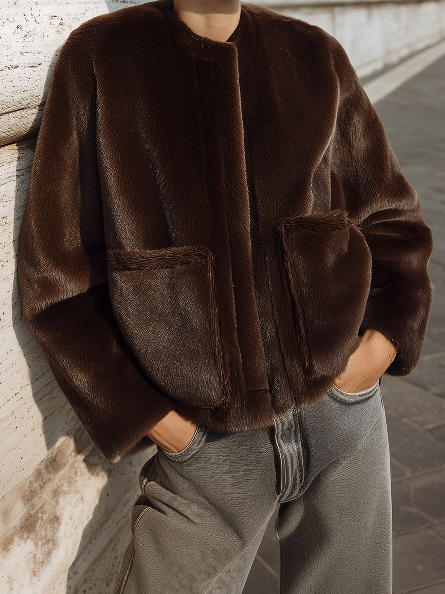Minimalist Boxy Oversized Patch Pockets Faux Fur Coat