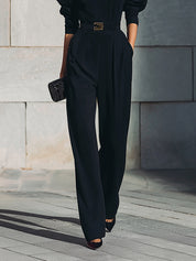 Minimalist Keyhole Neck Gigot Sleeve Cotton Blend Straight Jumpsuit