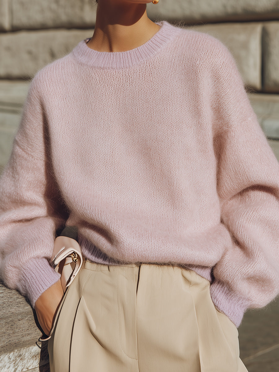 Commuting Drop Sleeves Contrast Color Round Neck Soft Knitted Sweater