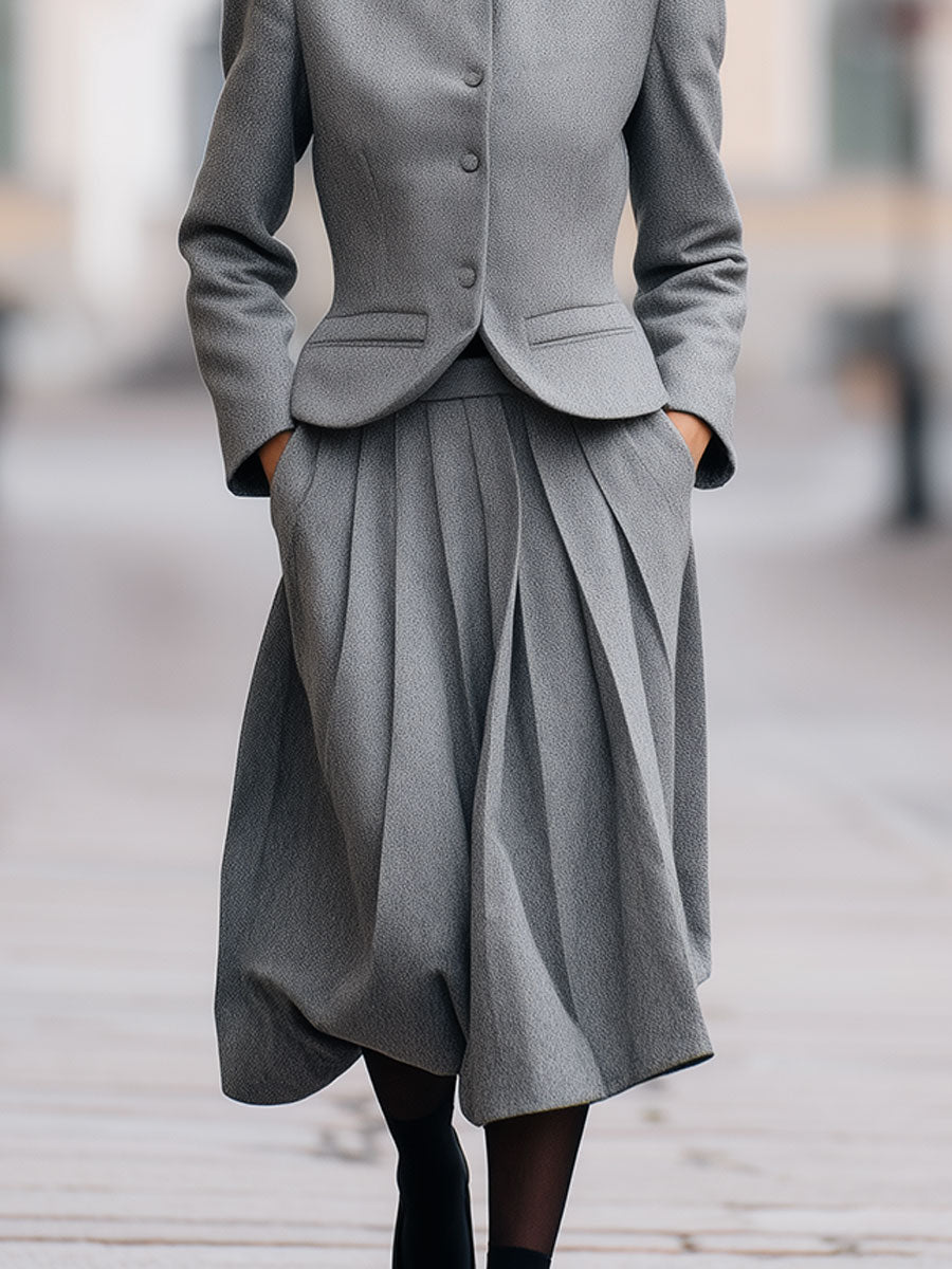 Minimalist Woolen Stand-collar Jacket & Pleated Skirt Set