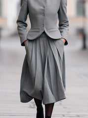 Minimalist Woolen Stand-collar Jacket & Pleated Skirt Set