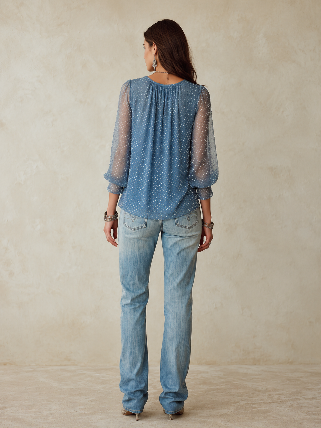 Effortless Chic Chiffon Polka-Dot Cowl-Neck Dusty Blue Blouse