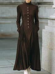 Old-Money High-Neck Accordion-Pleat Maxi Dress
