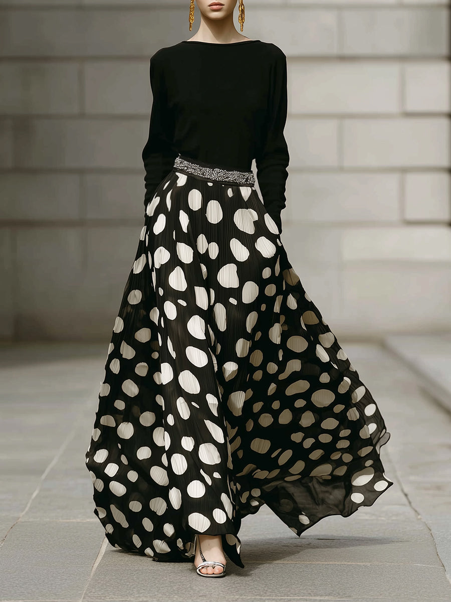 Retro Polka Dot Print Stitching Casual Boat Neck A Line Maxi Dress