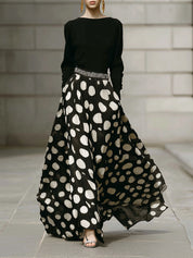 Retro Polka Dot Print Stitching Casual Boat Neck A Line Maxi Dress