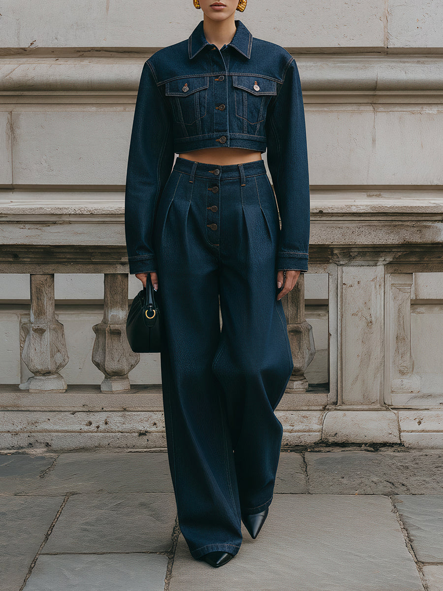 Minimalist Washed Cropped Boxy Jacket & Waist Pinched Wide-leg Pants Set