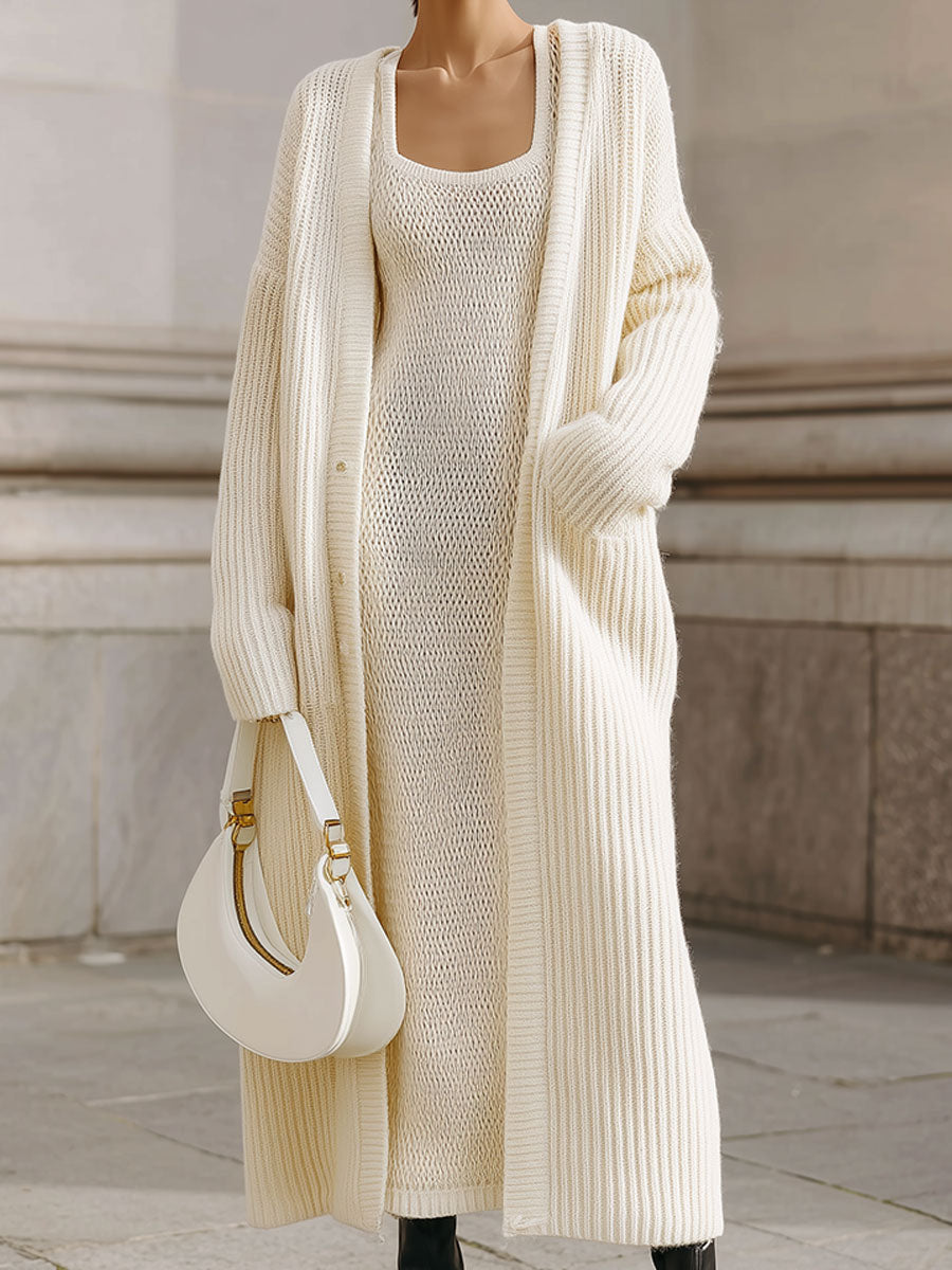 Minimalist Knitted Vest Dress & Off-shoulder Cardigan Set