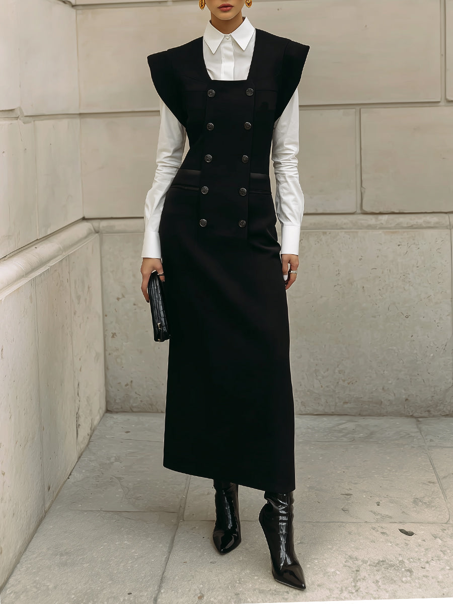 Androgynous Chic Slim-fit Double-breasted Cap-sleeve Maxi Dress