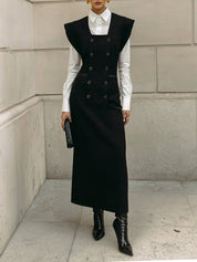 Androgynous Chic Slim-fit Double-breasted Cap-sleeve Maxi Dress