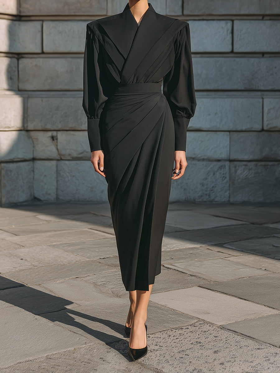 Minimalist Structured Black Draped Midi Dress