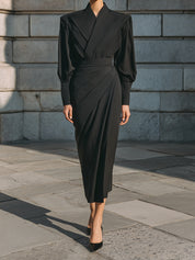 Minimalist Structured Black Draped Midi Dress