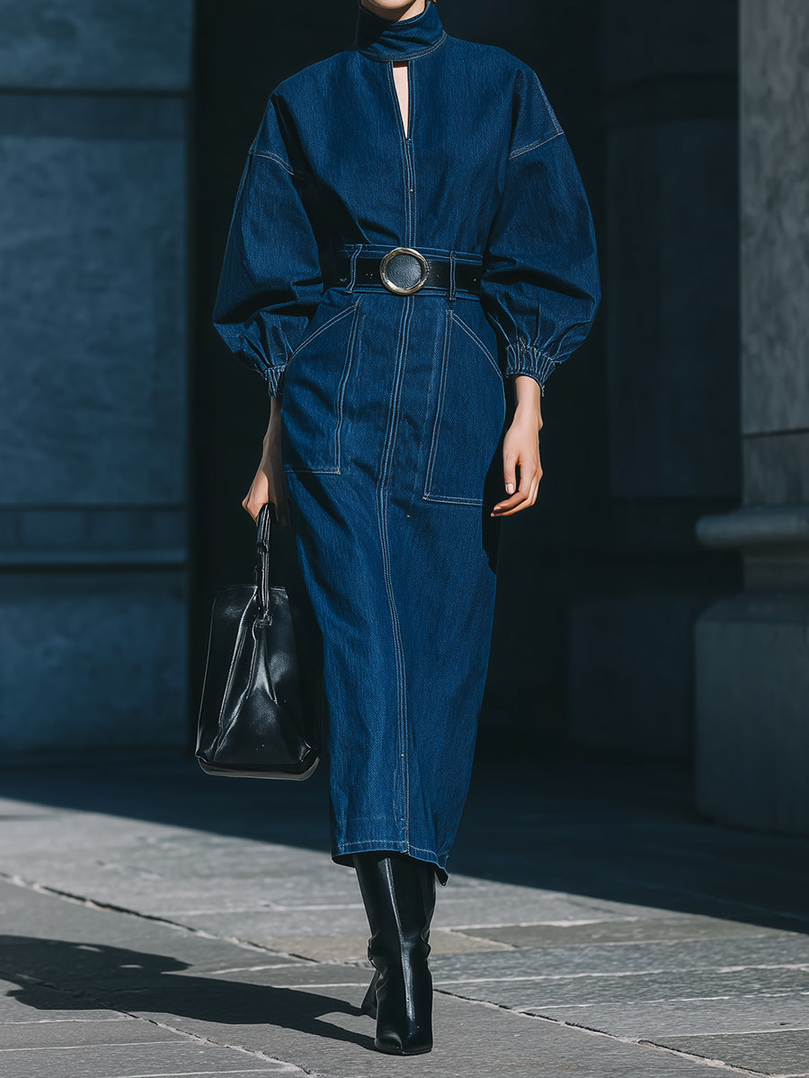 Future Vintage Utility Elegance Midnight Sculpt Denim Maxi Dress