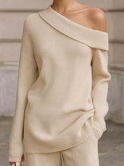 Uniquely Designed One-shoulder Drop-sleeve Straight Fine Knit Sweater