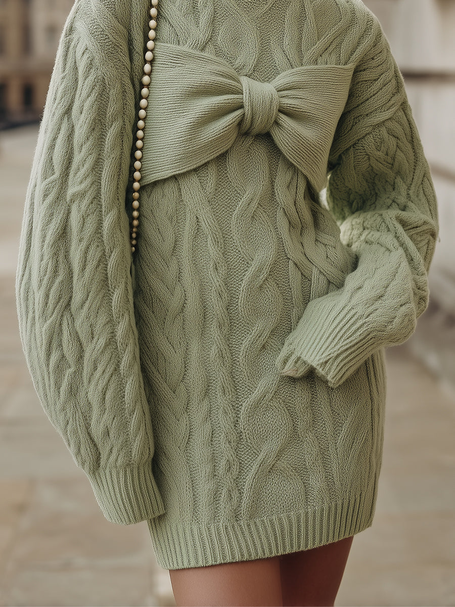 Unique Bow-knit Cable-knit Drop Sleeve Mini Dress With Bow On The Chest