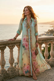 Baroque Style Mint Green Chiffon Floral Maxi Dress